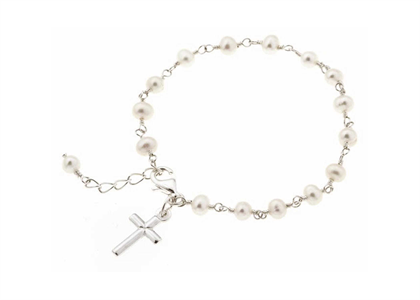 Silver Plated Womens Pearl Cross Charm Bracelet